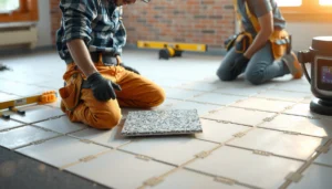 Step-by-step guide on how to install over tile granite floors with tools and materials shown.