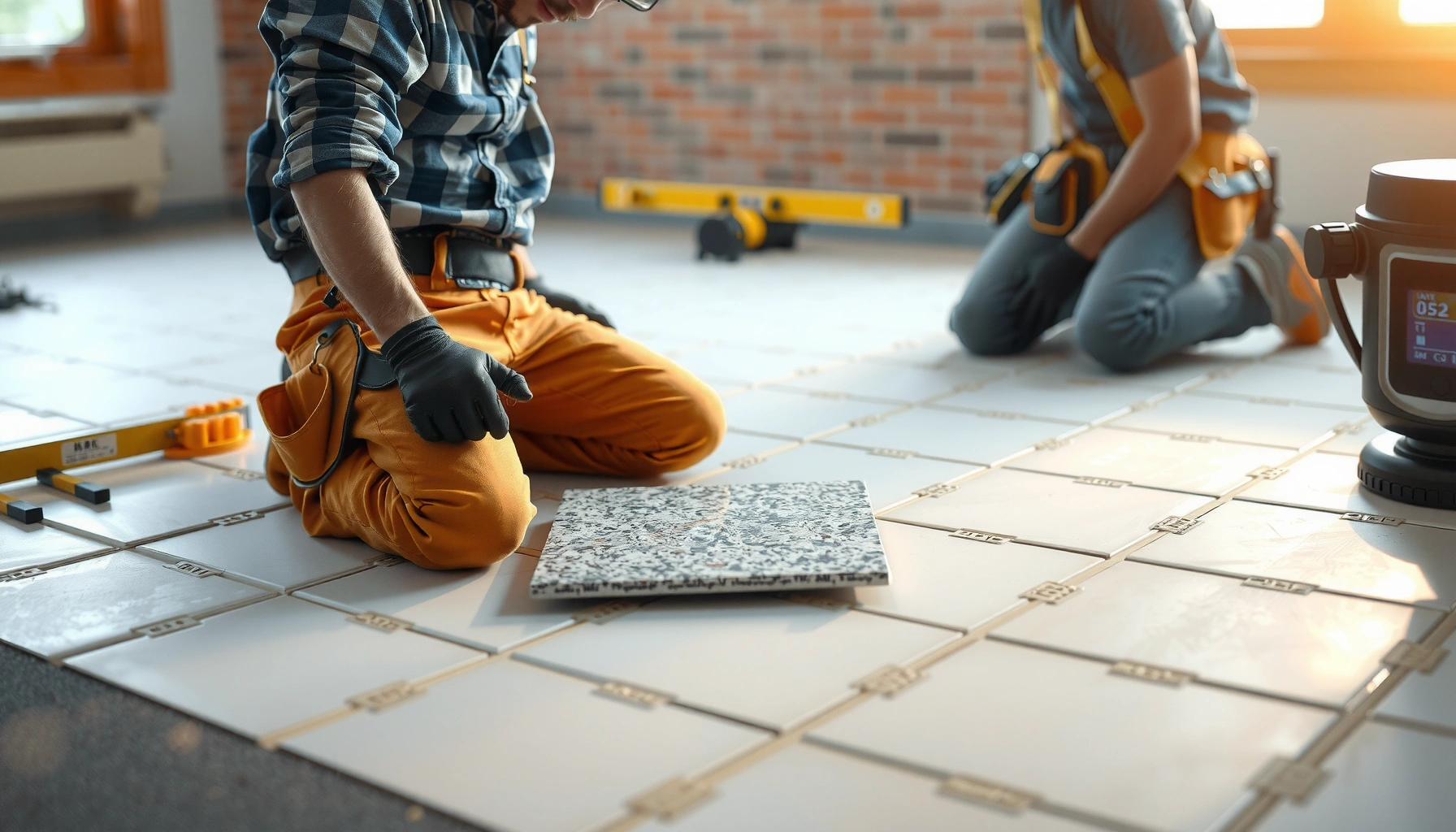 Step-by-step guide on how to install over tile granite floors with tools and materials shown.