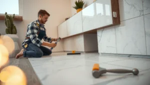 Step-by-step guide on how to install over tile marble floors with tools and materials.