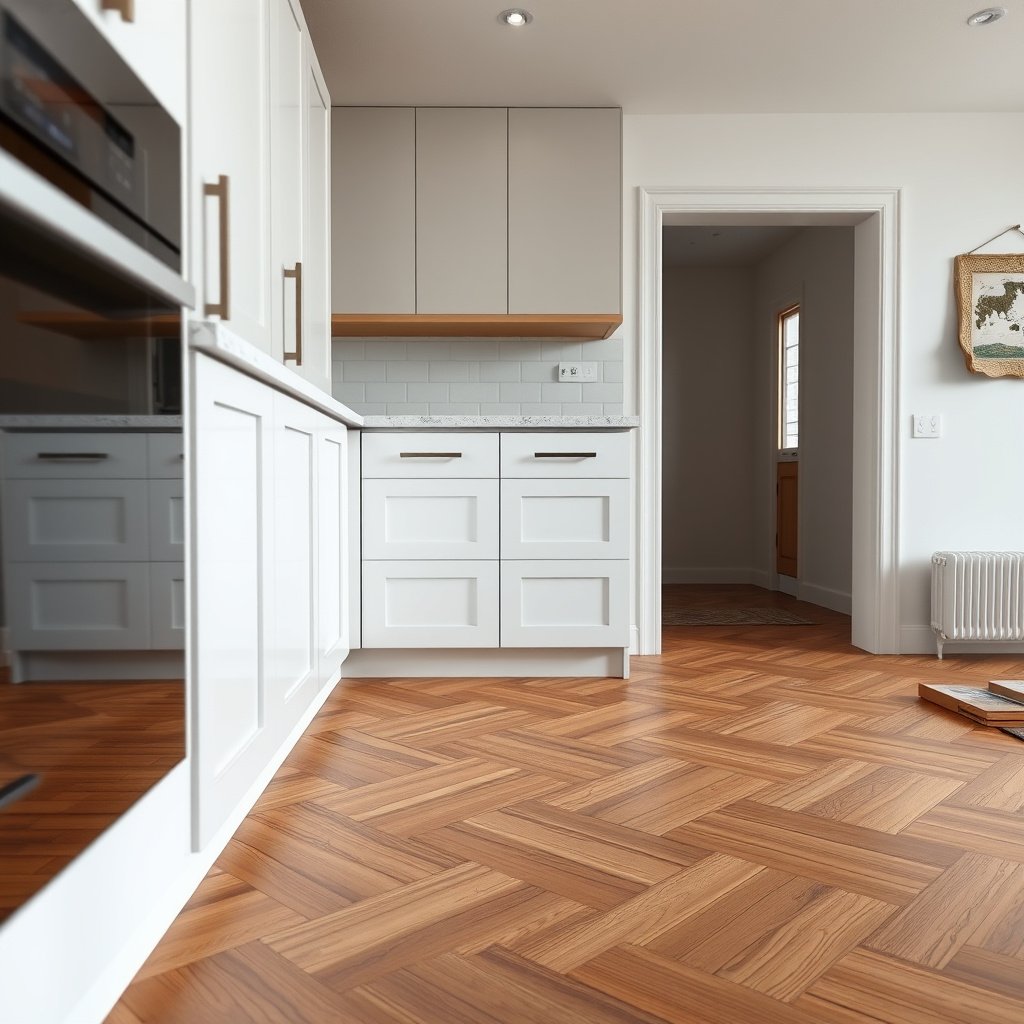 Step-by-step guide to installing parquet flooring around cabinets without locking them.