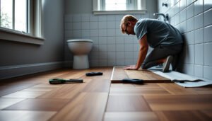 Step-by-step guide on how to install parquet floors in a bathroom with tools and materials.