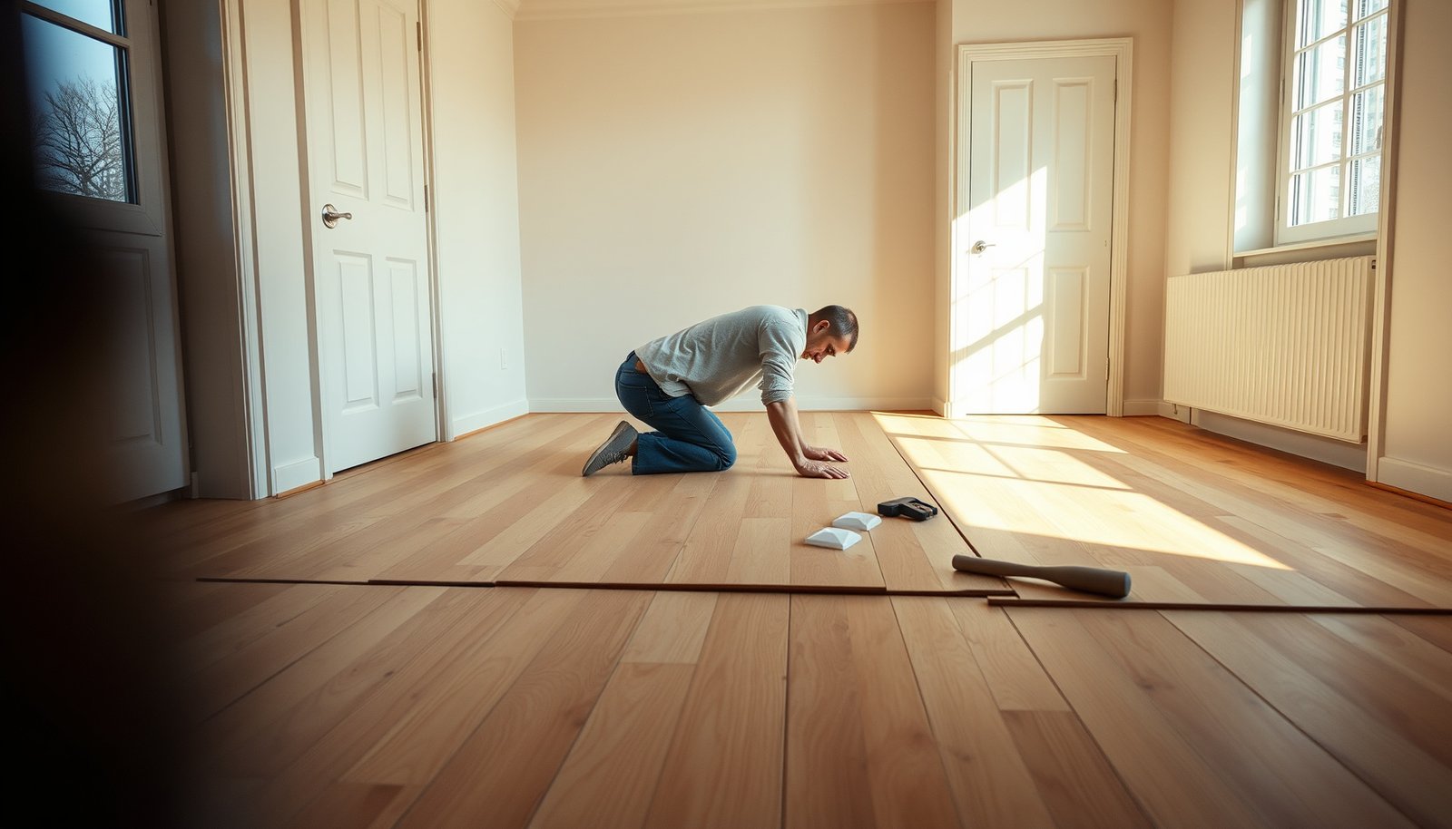 Step-by-step guide on how to install parquet floors in a bedroom with tools and materials.