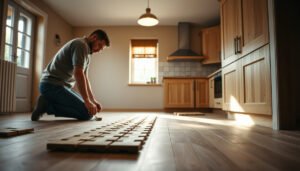 Step-by-step guide to installing parquet floors in a kitchen with tools and materials.