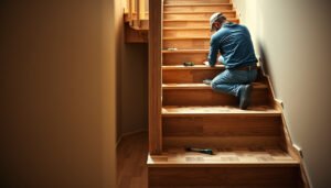 Step-by-step guide for installing parquet floors on stairs with tools and materials shown.