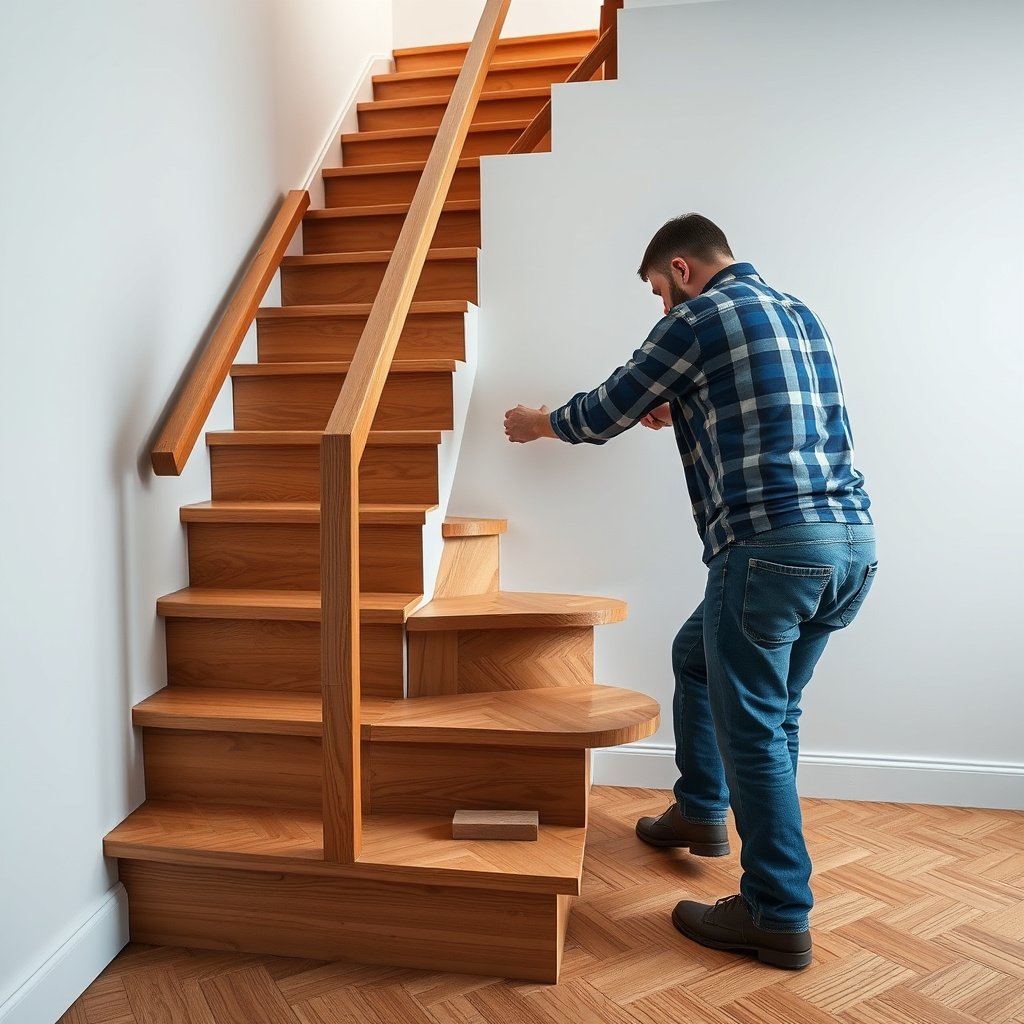 Detailed view of installing parquet flooring on stair treads and risers in a home renovation project.