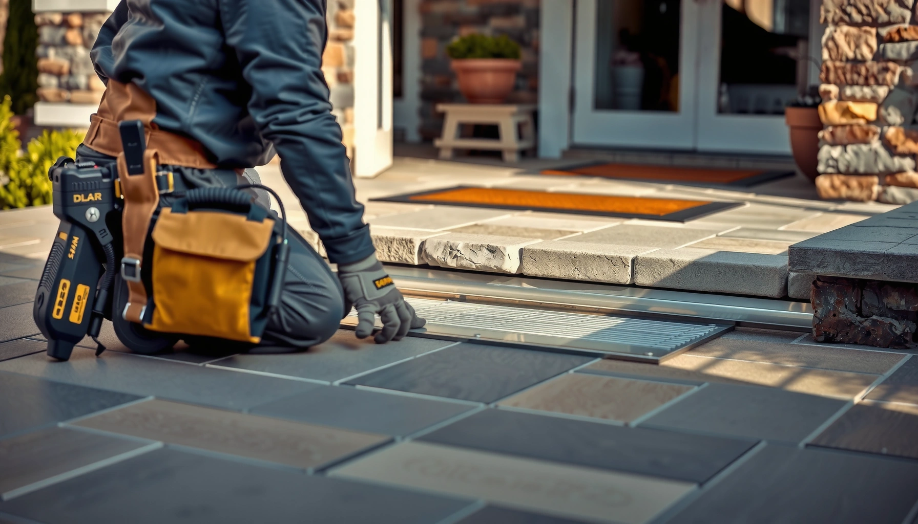 Step-by-step guide on how to install transitions for patio floors with tools and materials.