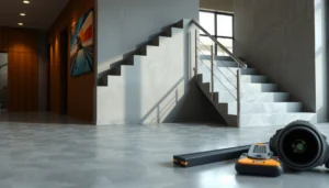 Step-by-step guide on installing polished concrete floors around stairs for a modern look.