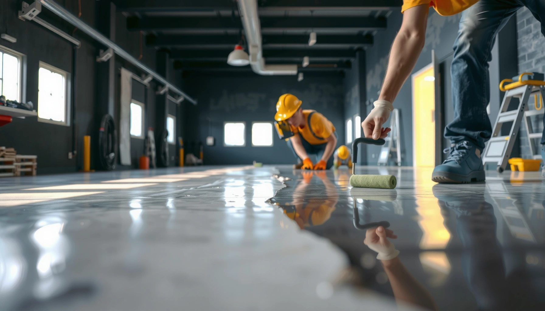 Step-by-step guide on how to install polyaspartic floors with tools and materials shown.