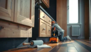 Step-by-step guide on how to install polyurethane floors around kitchen cabinets.