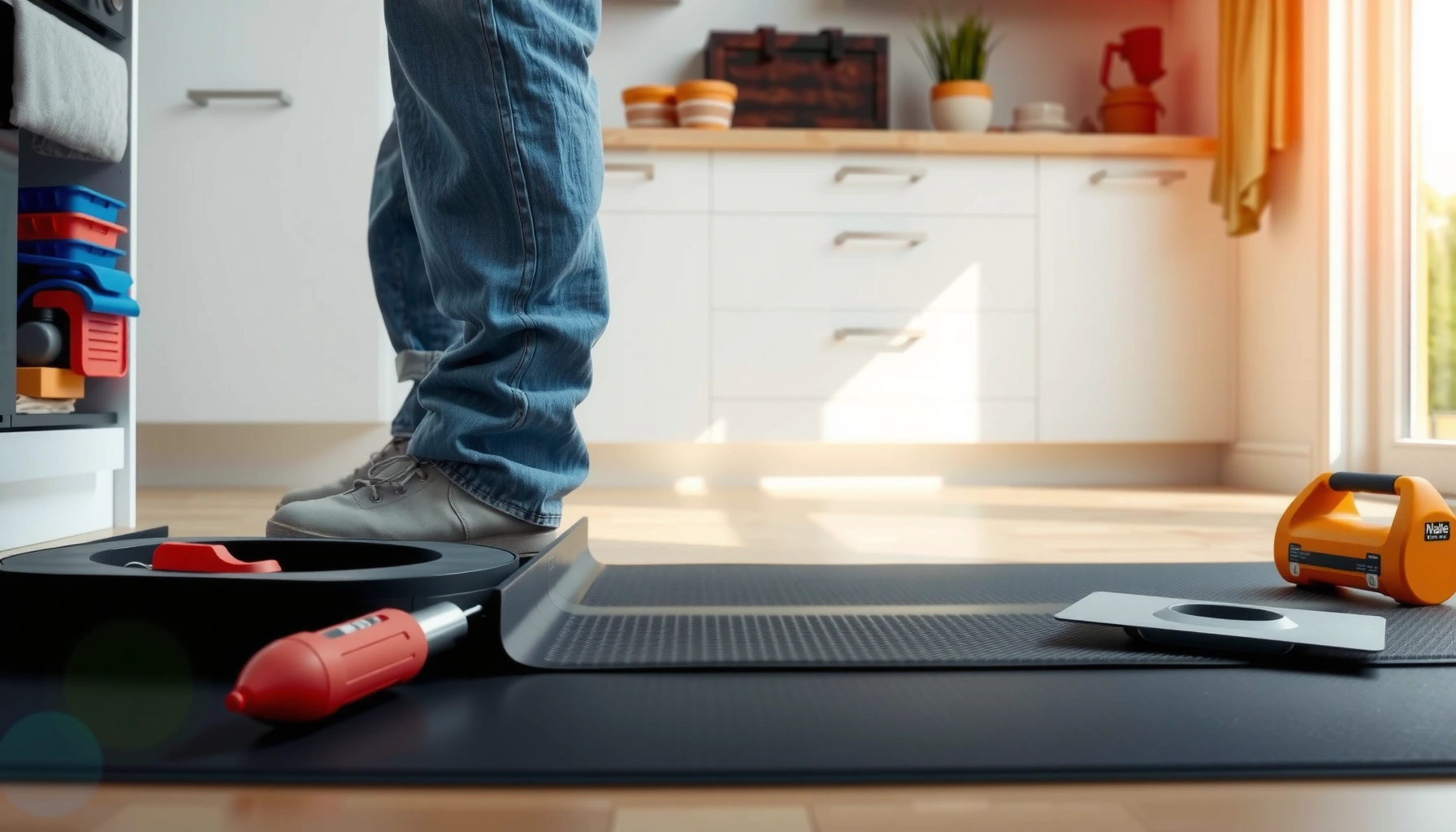 Step-by-step guide on how to install rubber floors around kitchen cabinets