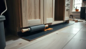 Step-by-step guide on how to install sheet vinyl floors around kitchen cabinets.
