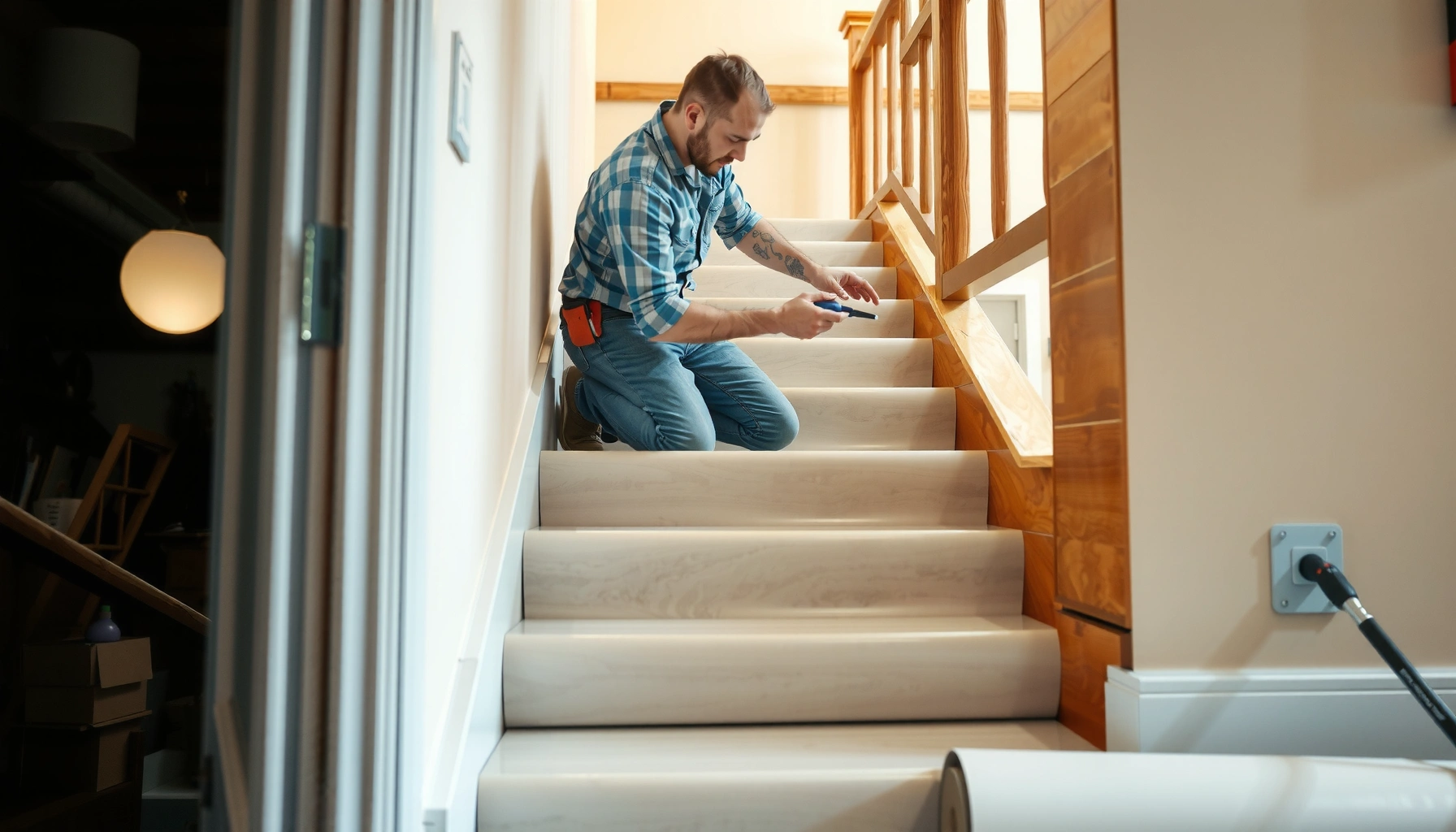 Step-by-step guide on how to install sheet vinyl floors on stairs.