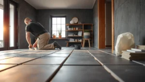 Step-by-step guide on how to install slate floors with tools and materials shown.