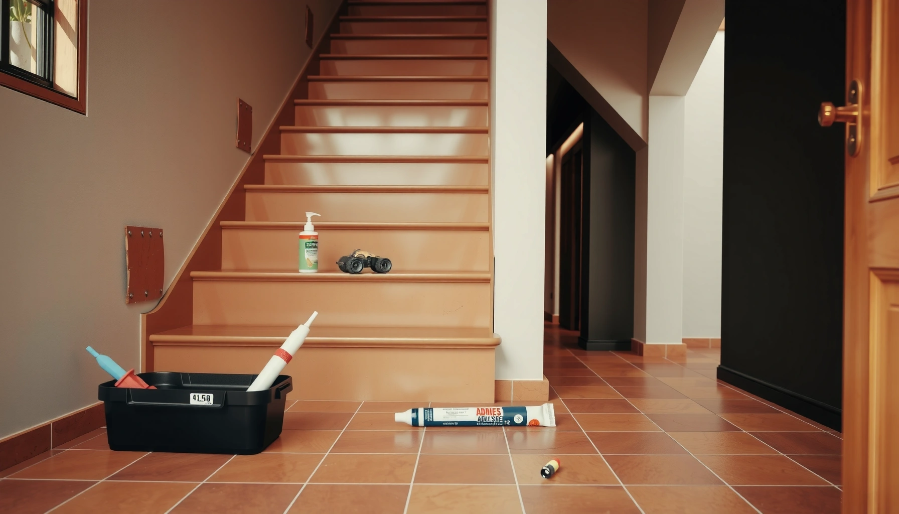 Step-by-step guide for installing terracotta floors on stairs with tools and materials shown.