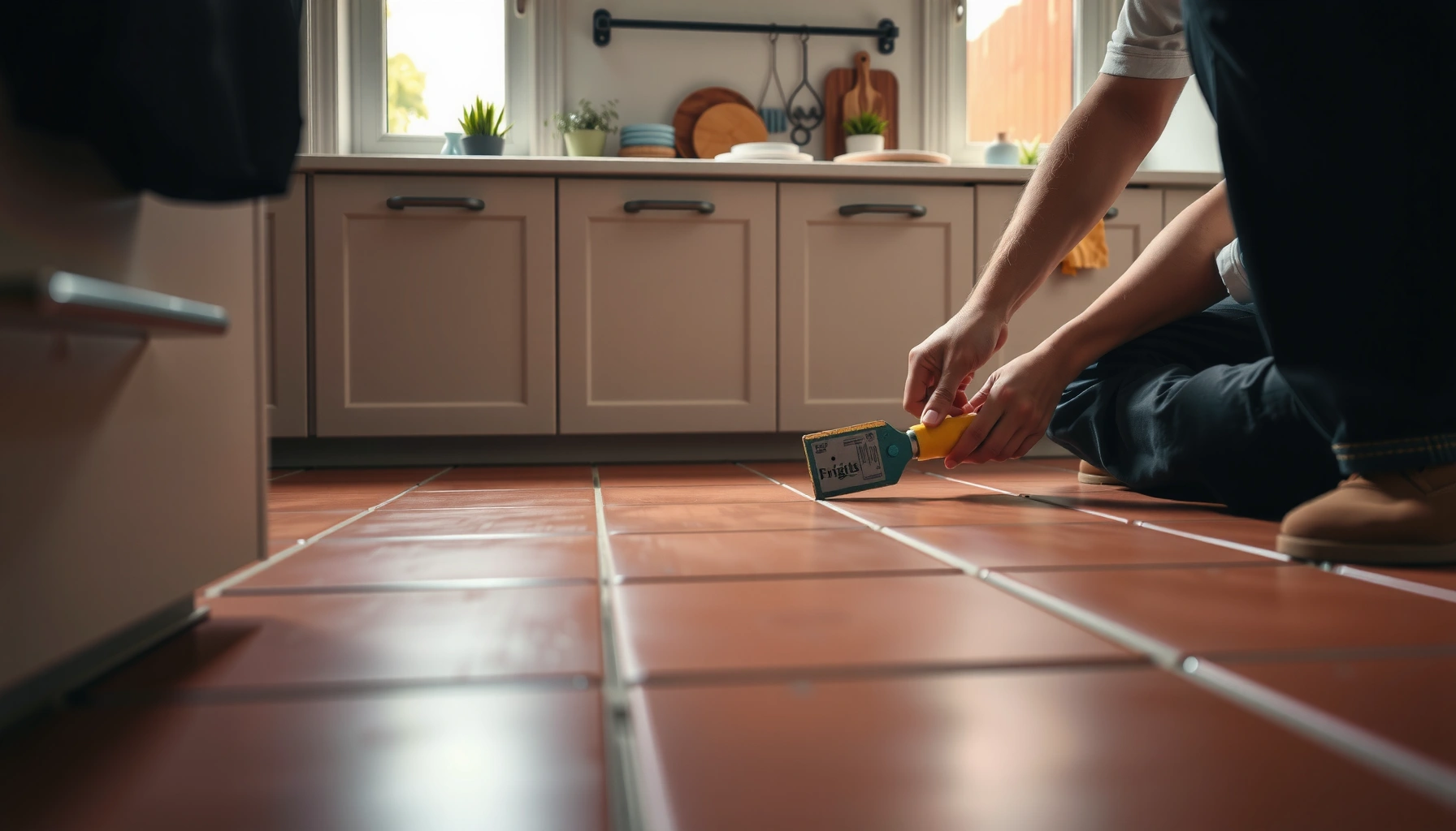 Step-by-step guide on how to install terracotta floors in a kitchen, showcasing tools and techniques.