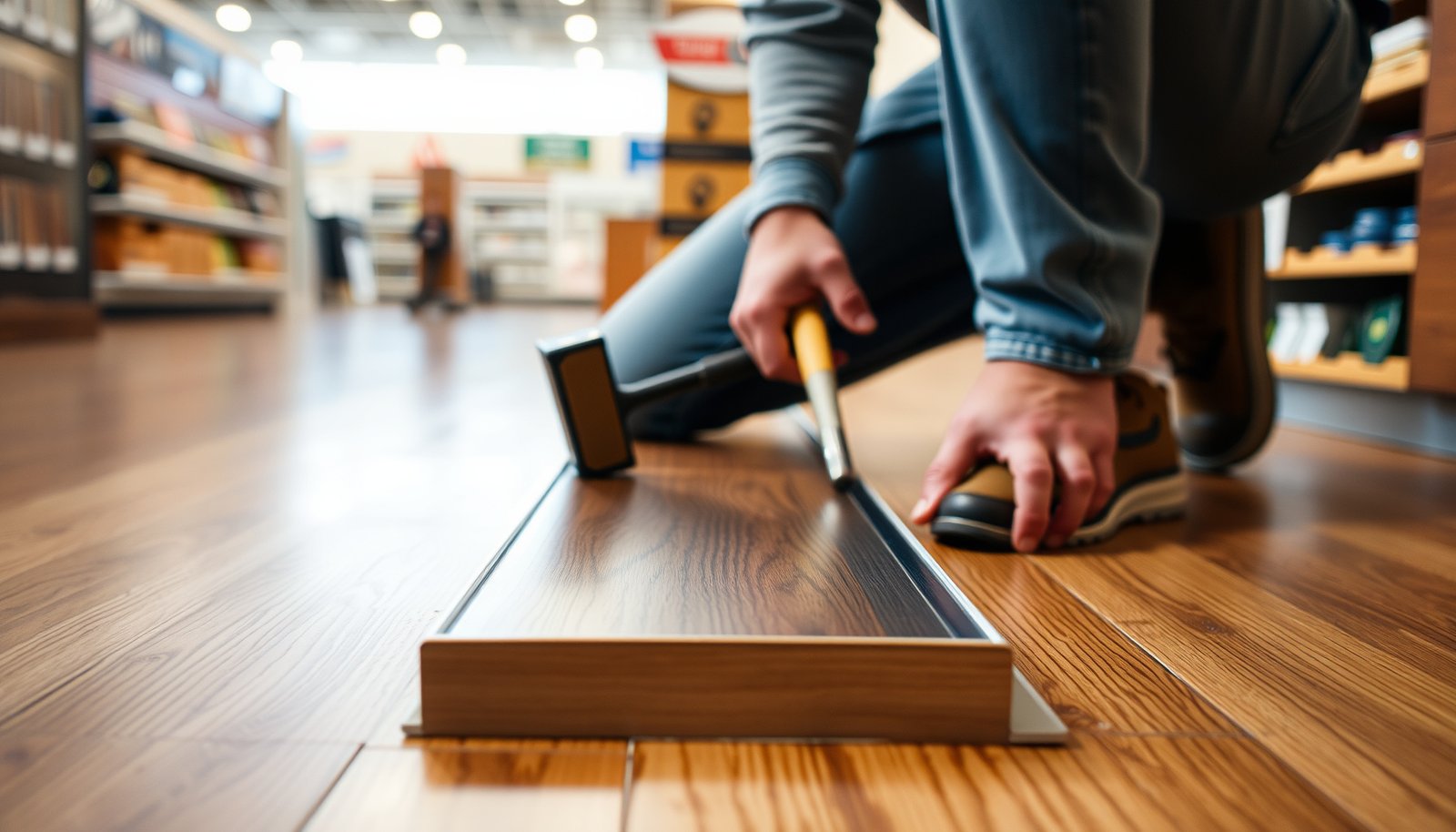 Step-by-step guide on installing transitions around hardwood floors in a retail store setting.