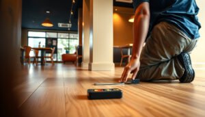 Step-by-step guide on installing transitions around hardwood floors in a restaurant setting.