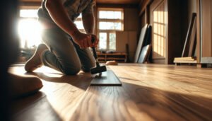 Step-by-step guide on installing transitions around hardwood floors in a workshop setting.
