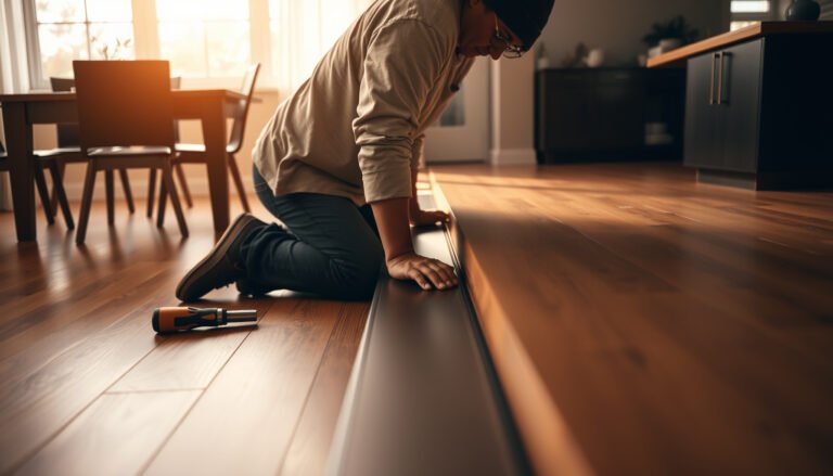 A step-by-step guide on installing transitions around hardwood floors in a dining room.