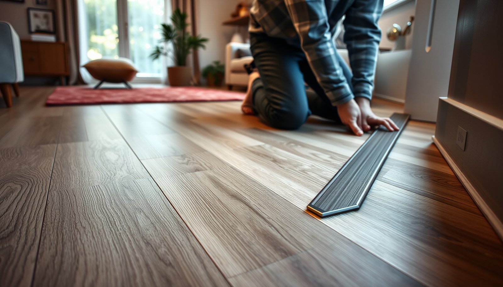 Step-by-step guide on installing transitions around laminate floors in a living room.