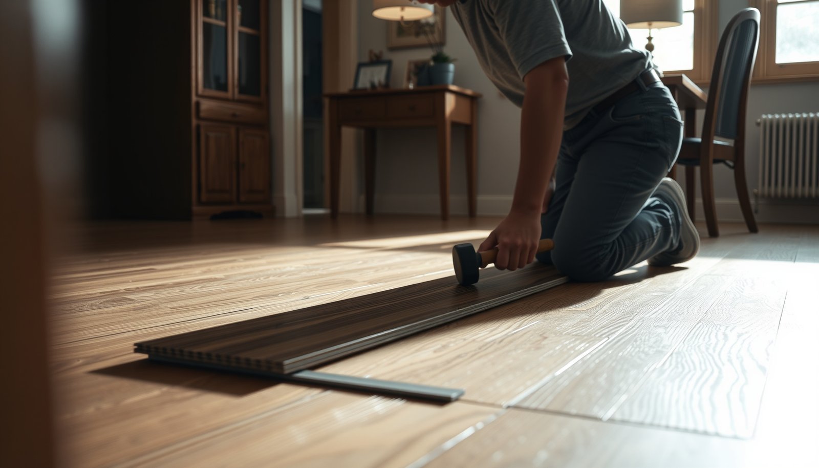 Step-by-step guide on installing transitions around laminate floors in a dining room.