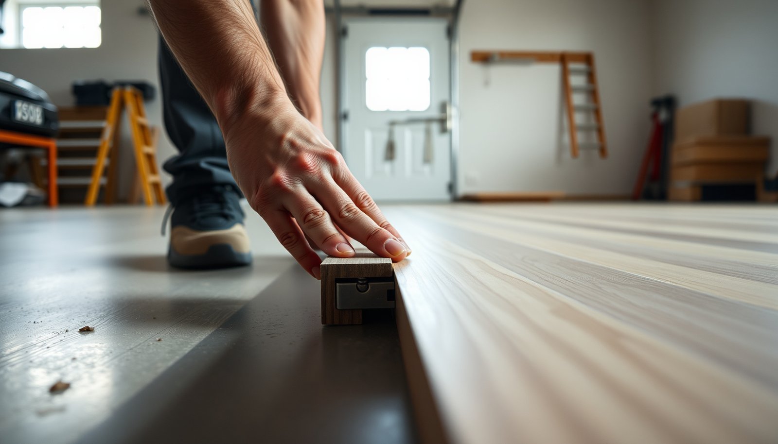 Step-by-step guide on installing transitions around laminate floors in a garage setting.