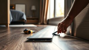 Step-by-step guide on installing transitions around laminate floors in a bedroom.