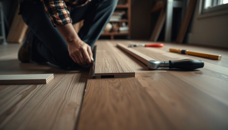 A step-by-step guide on installing transitions around laminate floors in a workshop setting.
