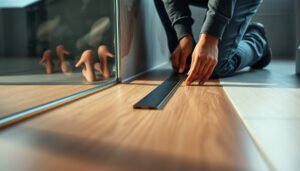 Step-by-step guide on installing transitions around engineered wood floors in a bathroom.