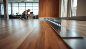 A step-by-step guide on installing transitions around hardwood floors in a commercial office setting.