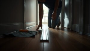 Step-by-step guide on installing transitions around hardwood floors in a rental property.