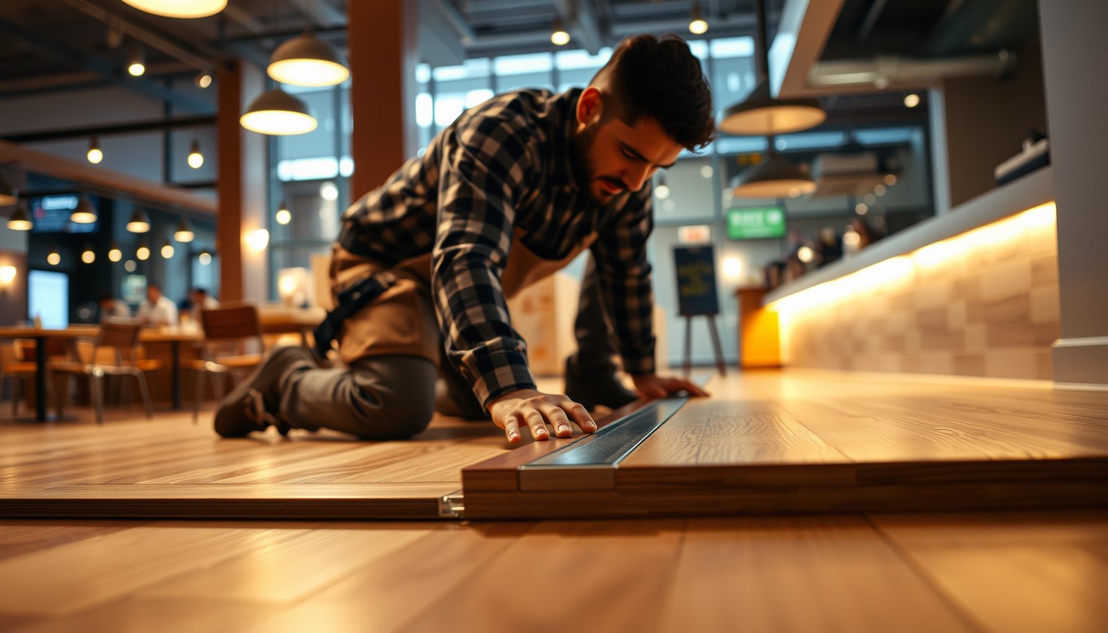Step-by-step guide on installing transitions around laminate floors in a restaurant setting.