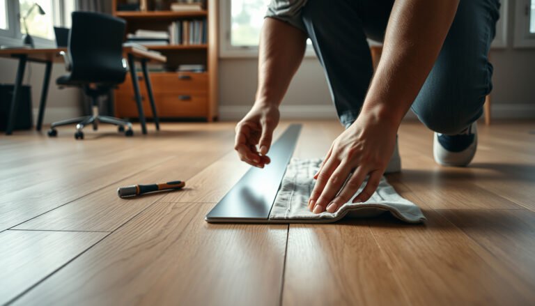 A step-by-step guide on installing transitions around laminate floors in a home office.