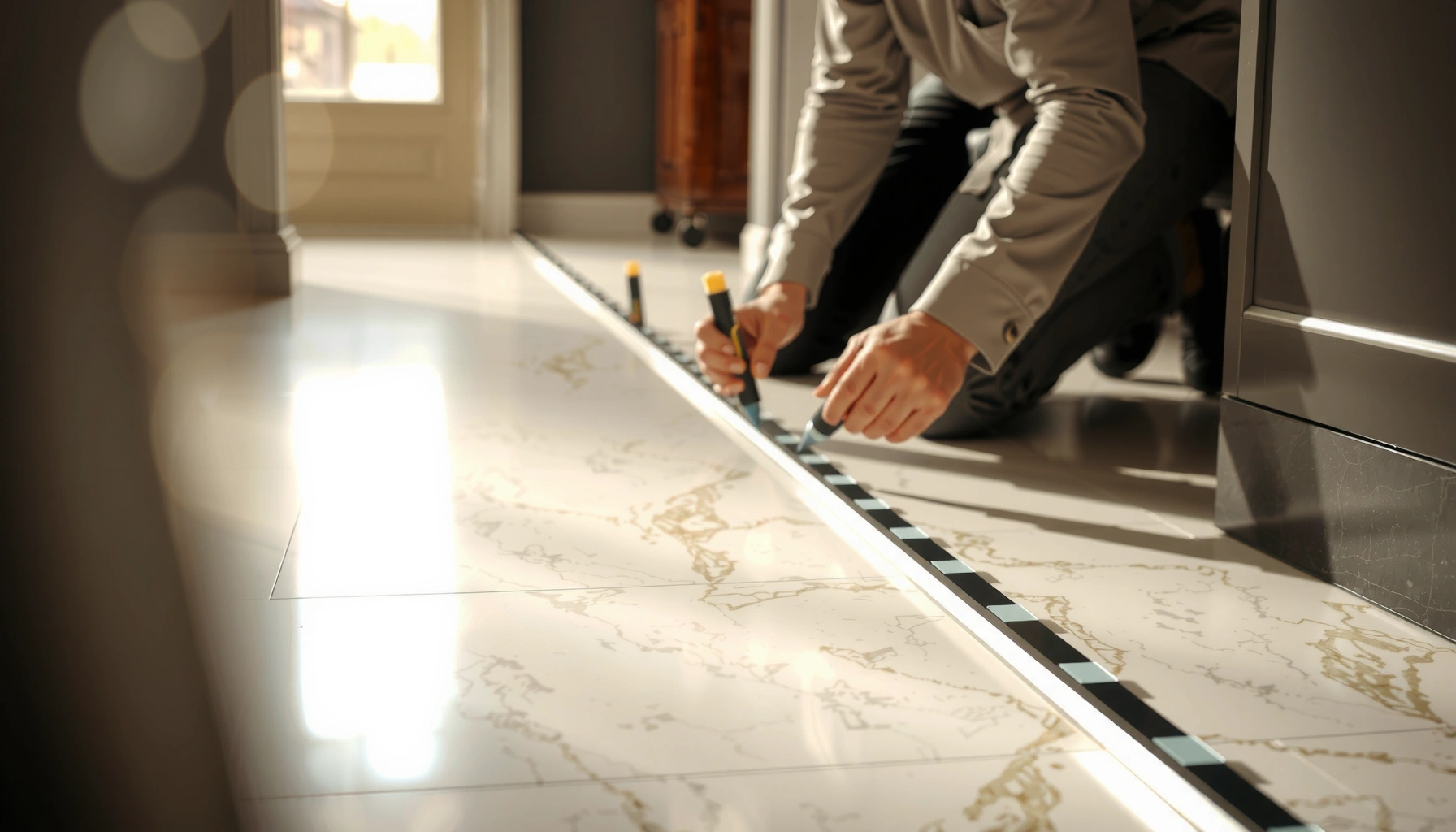 Step-by-step guide on how to install transitions for marble floors with tools and materials.