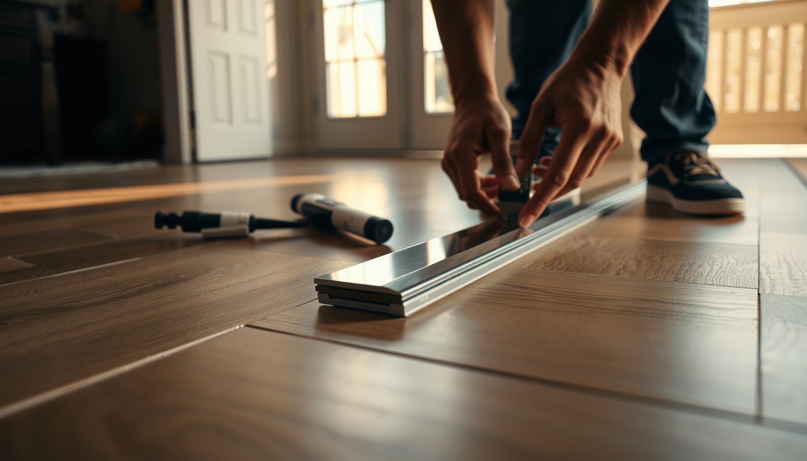 Step-by-step guide on installing transitions for wood-look tile floors.
