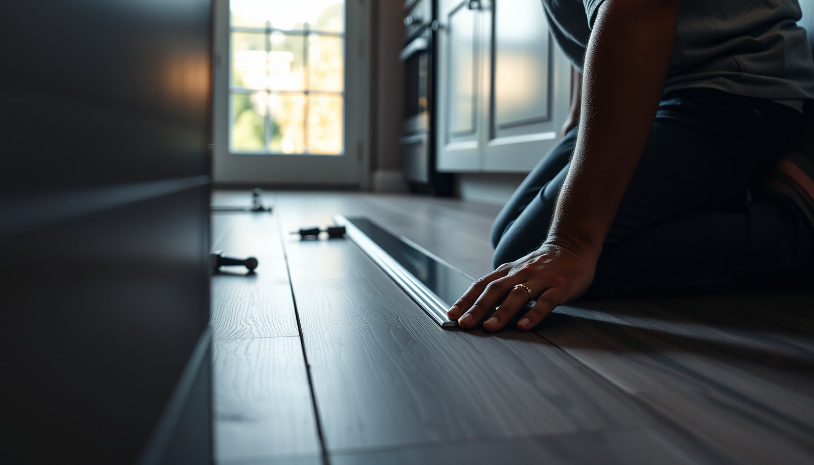 Step-by-step guide on how to install transitions around vinyl floors in a kitchen.