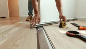 Step-by-step guide on installing transitions for vinyl flooring with tools and materials.