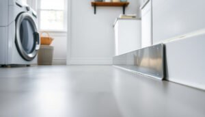 A step-by-step guide on installing transitions around vinyl floors in a laundry room.