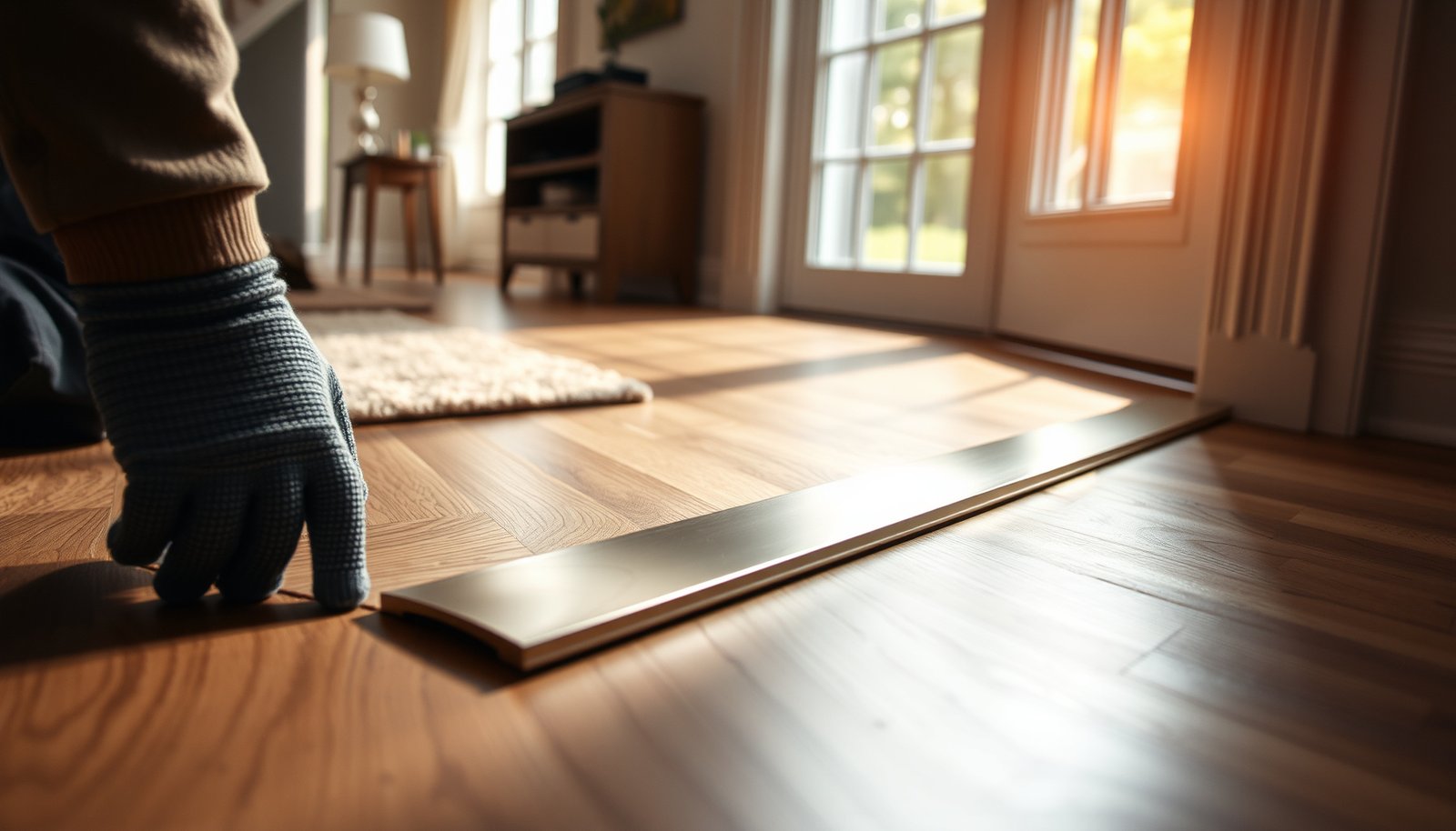 Step-by-step guide for installing transitions around vinyl floors in a living room.
