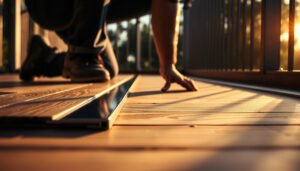 A guide on how to install transitions around engineered wood floors on a balcony.