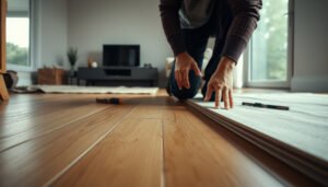 A step-by-step guide on installing transitions around engineered wood floors in a living room.