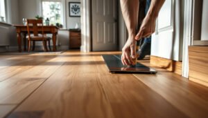 Step-by-step guide on installing transitions around engineered wood floors in a dining room.