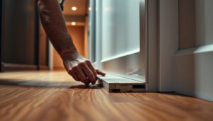 Step-by-step guide on installing transitions around engineered wood floors in a hallway.