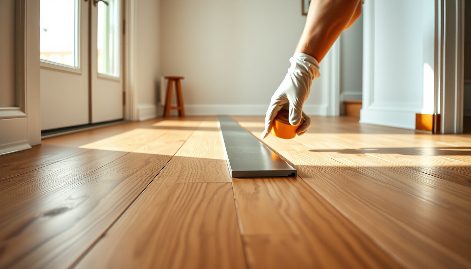 Step-by-step guide on installing transitions around engineered wood floors in an entryway.