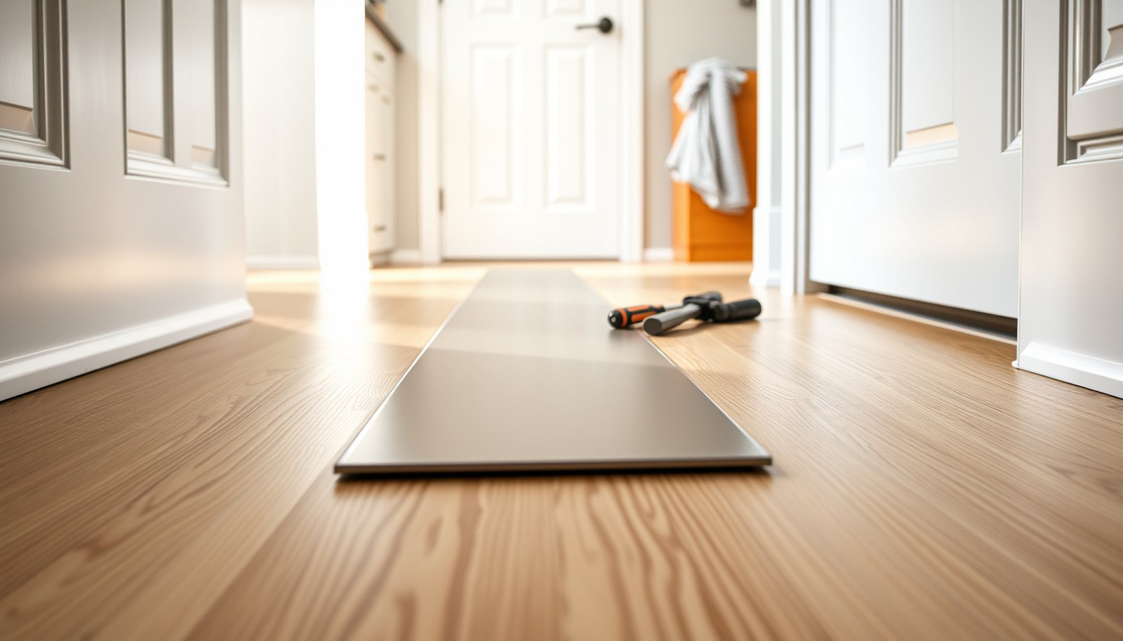 Step-by-step guide on installing transitions around laminate floors in a mudroom.