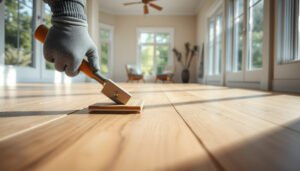 Step-by-step guide on installing transitions around engineered wood floors in a sunroom.