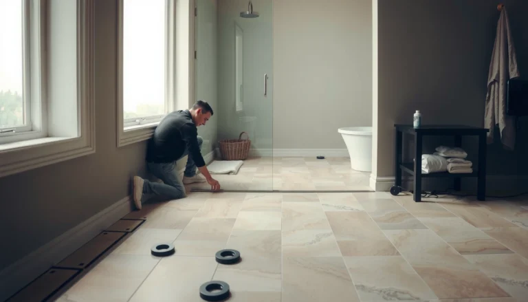 Step-by-step guide on installing travertine bathroom floors with tools and materials.