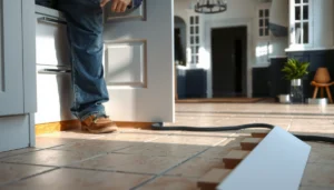 Step-by-step guide on how to install travertine floors around kitchen cabinets.