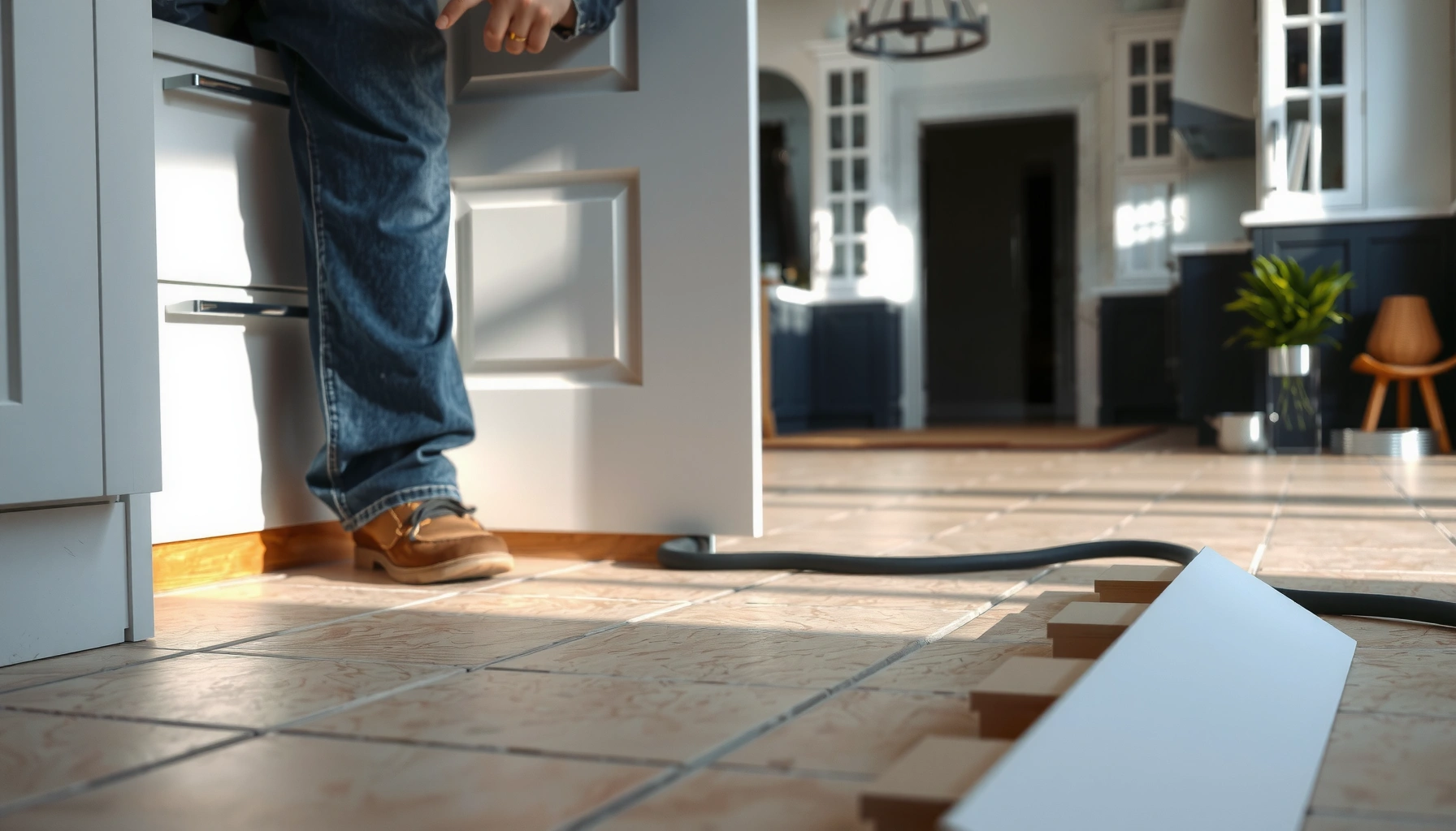 Step-by-step guide on how to install travertine floors around kitchen cabinets.
