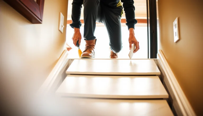 Step-by-step guide on installing travertine floors on stairs with tools and materials.